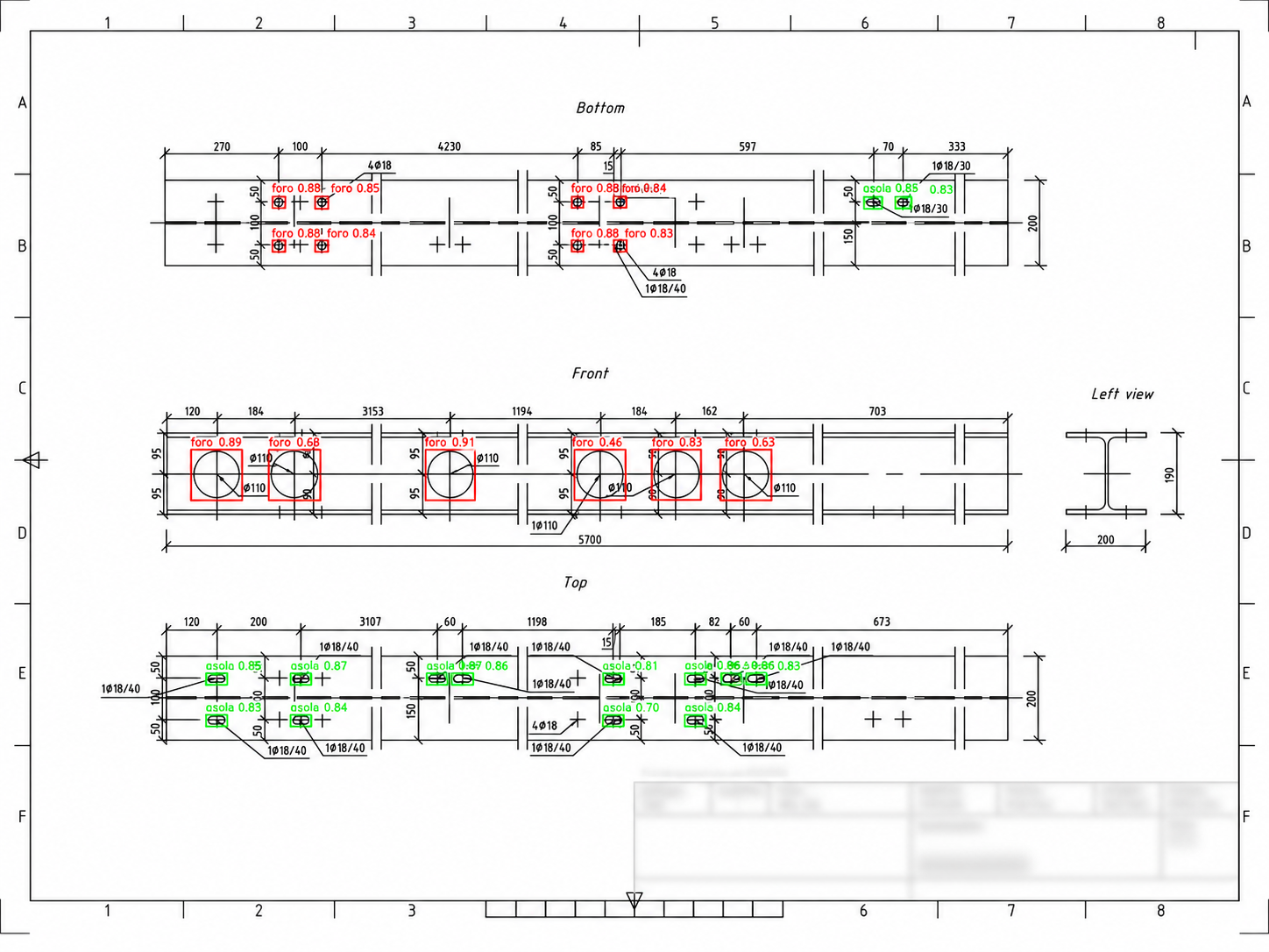 Anonymized industrial technical drawing with YOLO detections for holes and slots